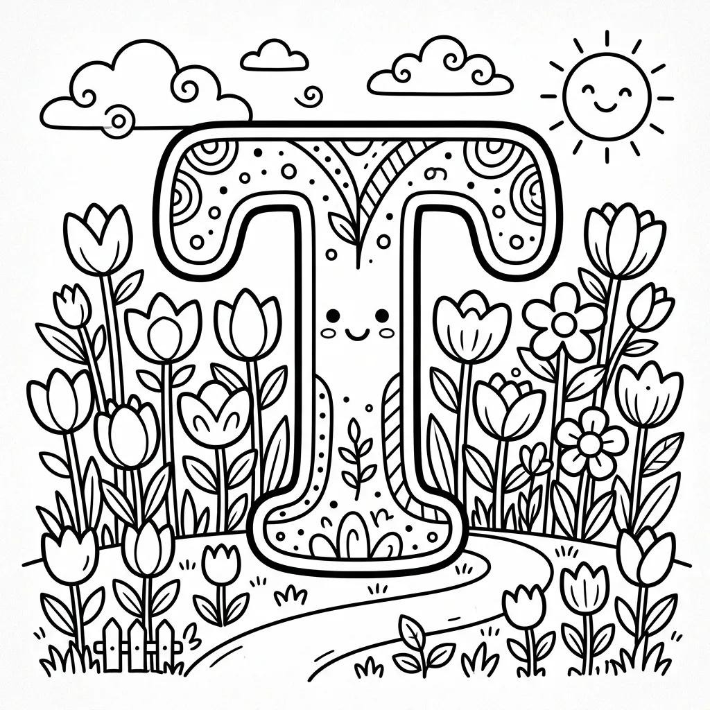 Letter T bloemen kleurplaat 3