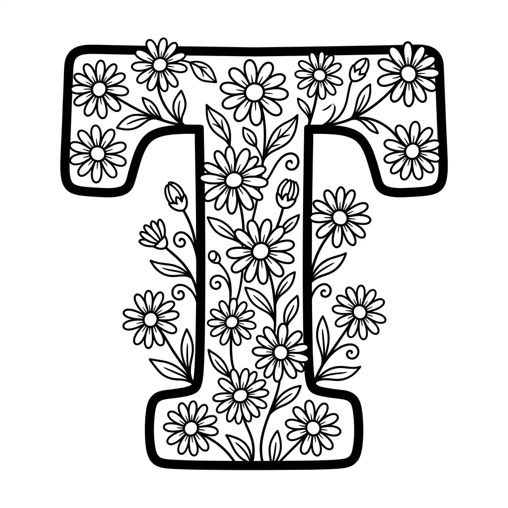 Letter T bloemen kleurplaat 4