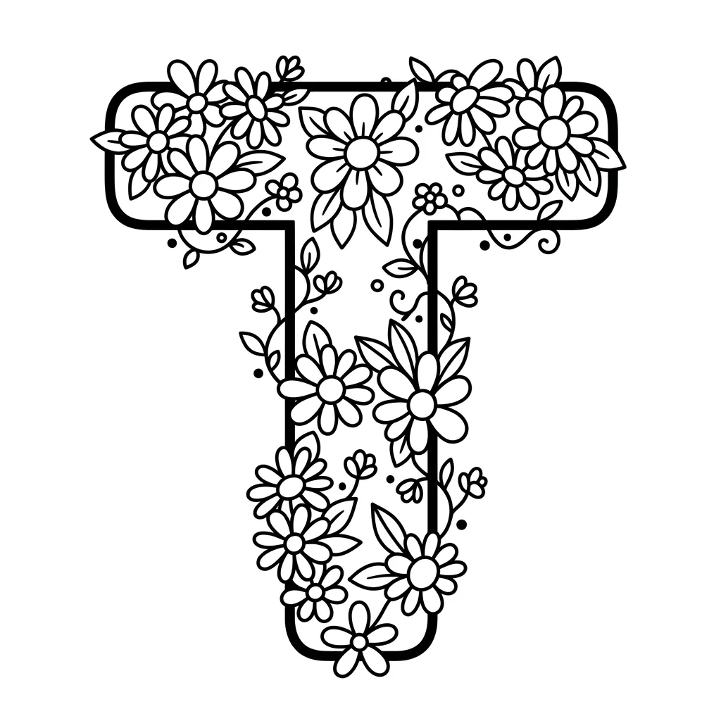 Letter T bloemen kleurplaat 5
