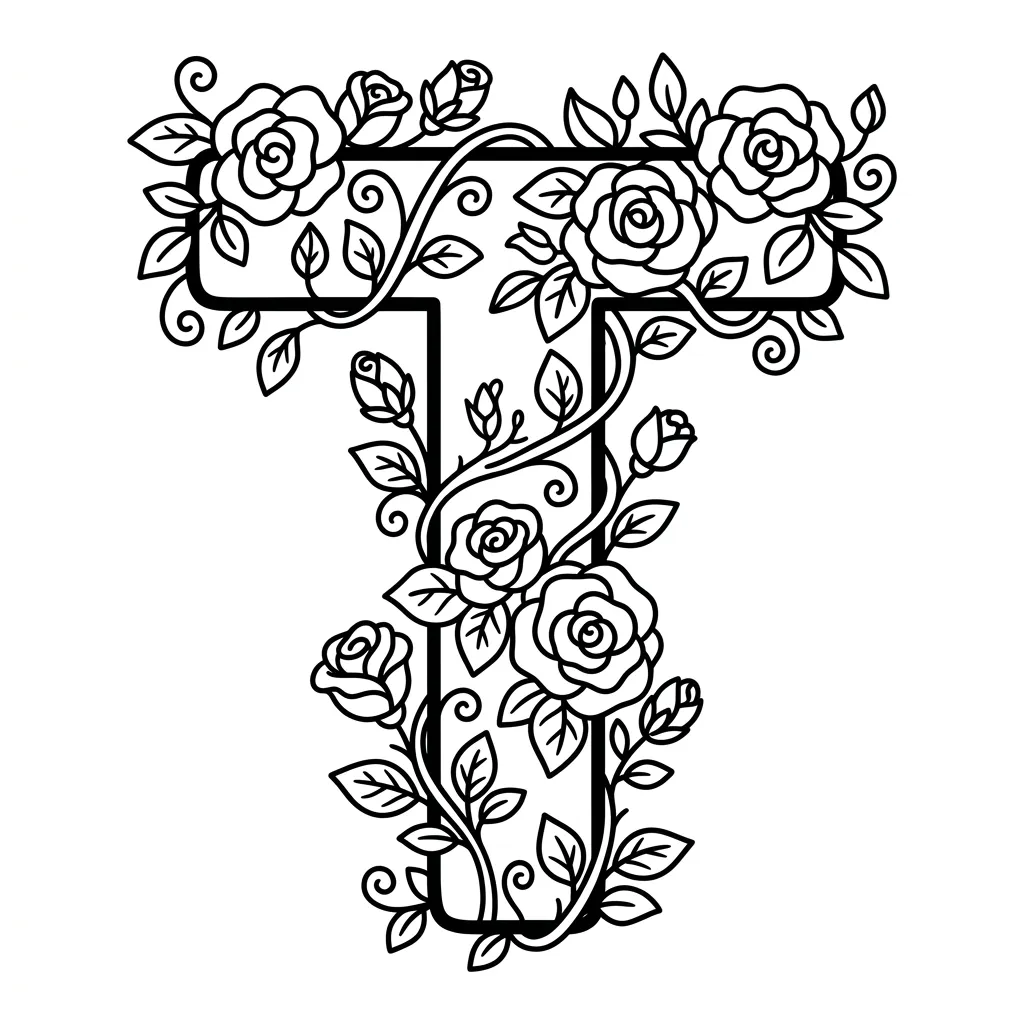 Letter T bloemen kleurplaat 6