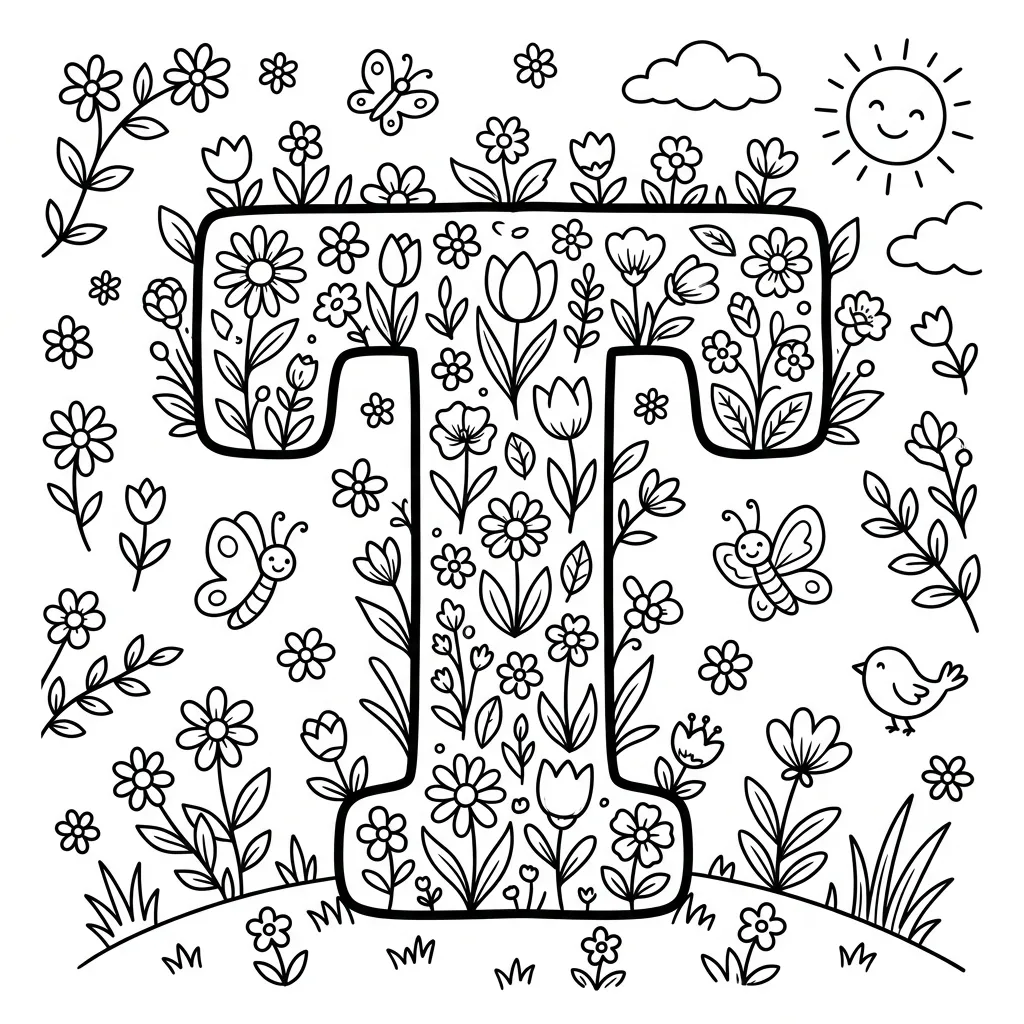 Letter T bloemen kleurplaat 7