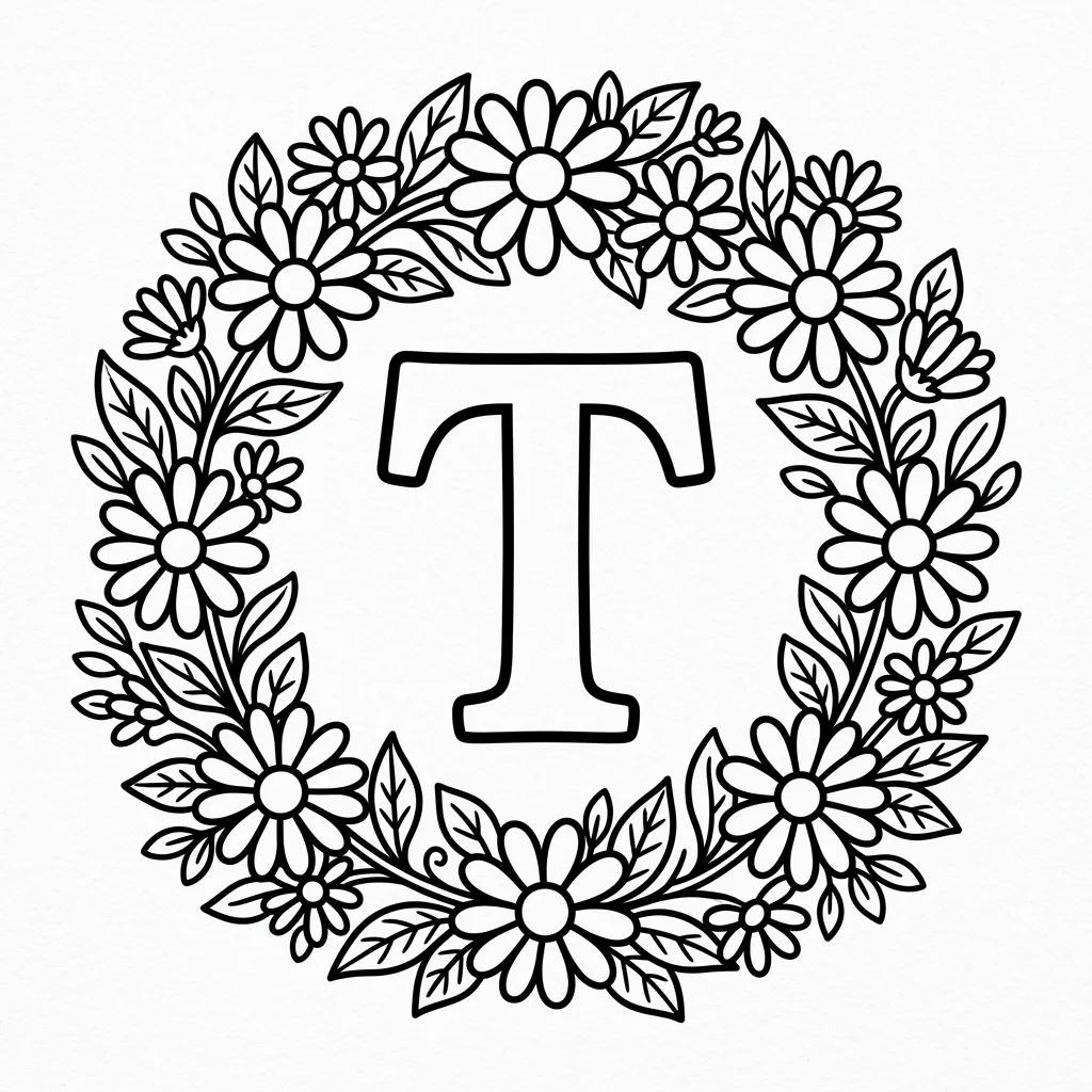 Letter T bloemen kleurplaat