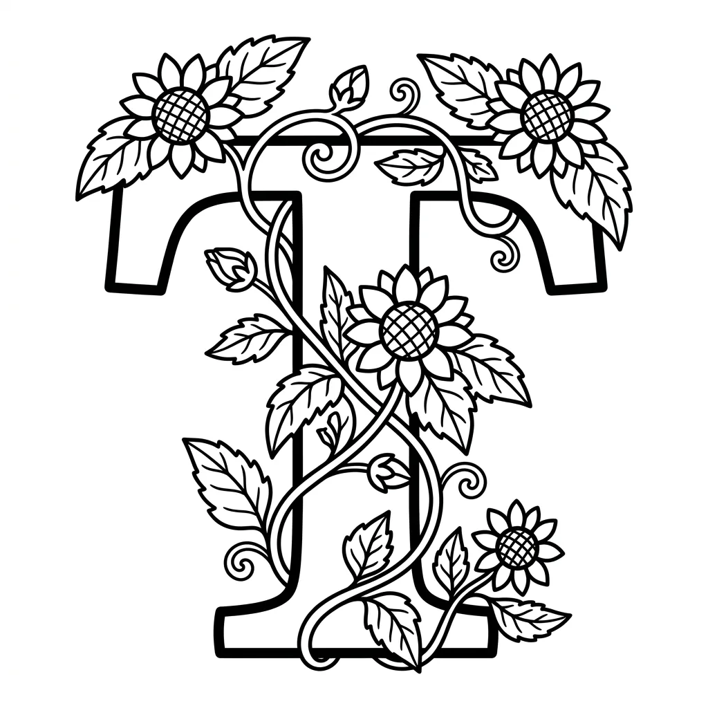 Letter T bloemen kleurplaat 1