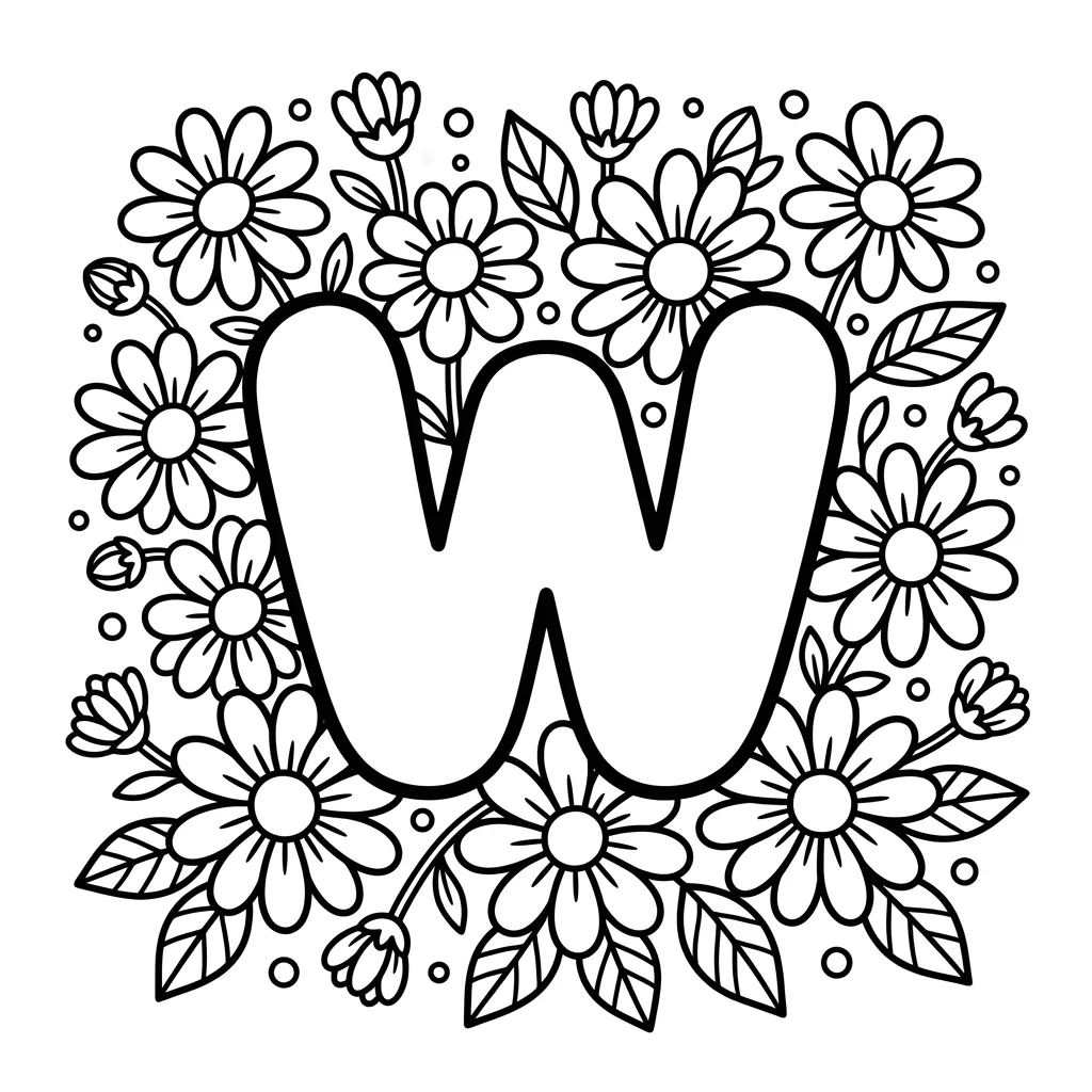 Letter W bloemen kleurplaat 9