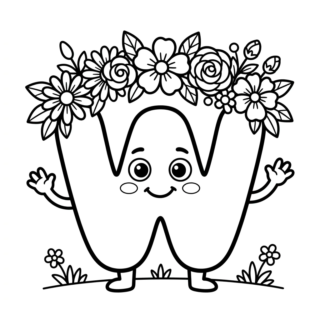 Letter W bloemen kleurplaat
