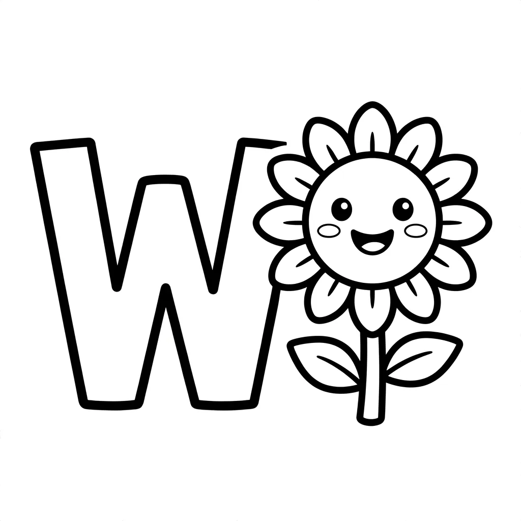 Letter W bloemen kleurplaat 1