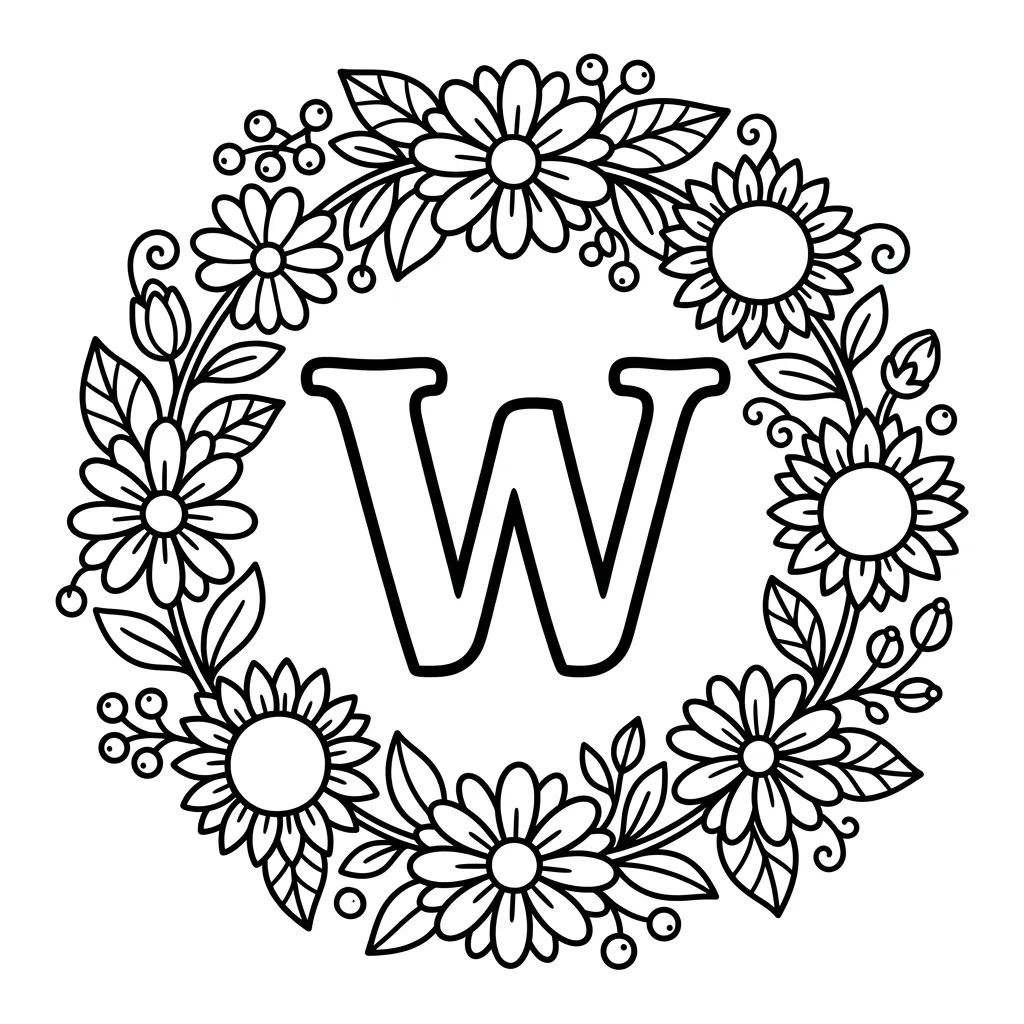 Letter W bloemen kleurplaat 2