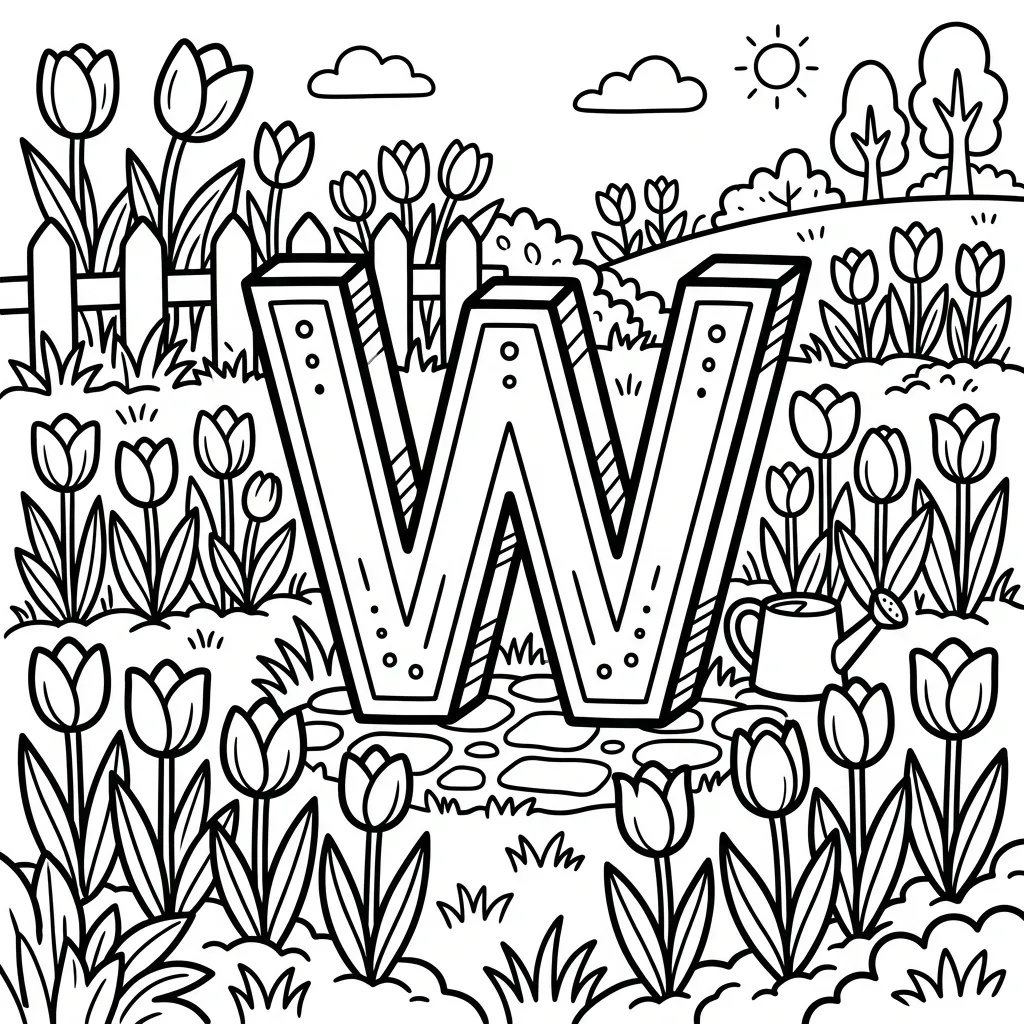 Letter W bloemen kleurplaat 3