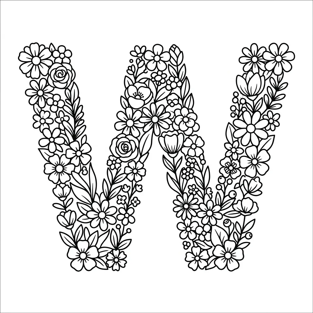 Letter W bloemen kleurplaat 4