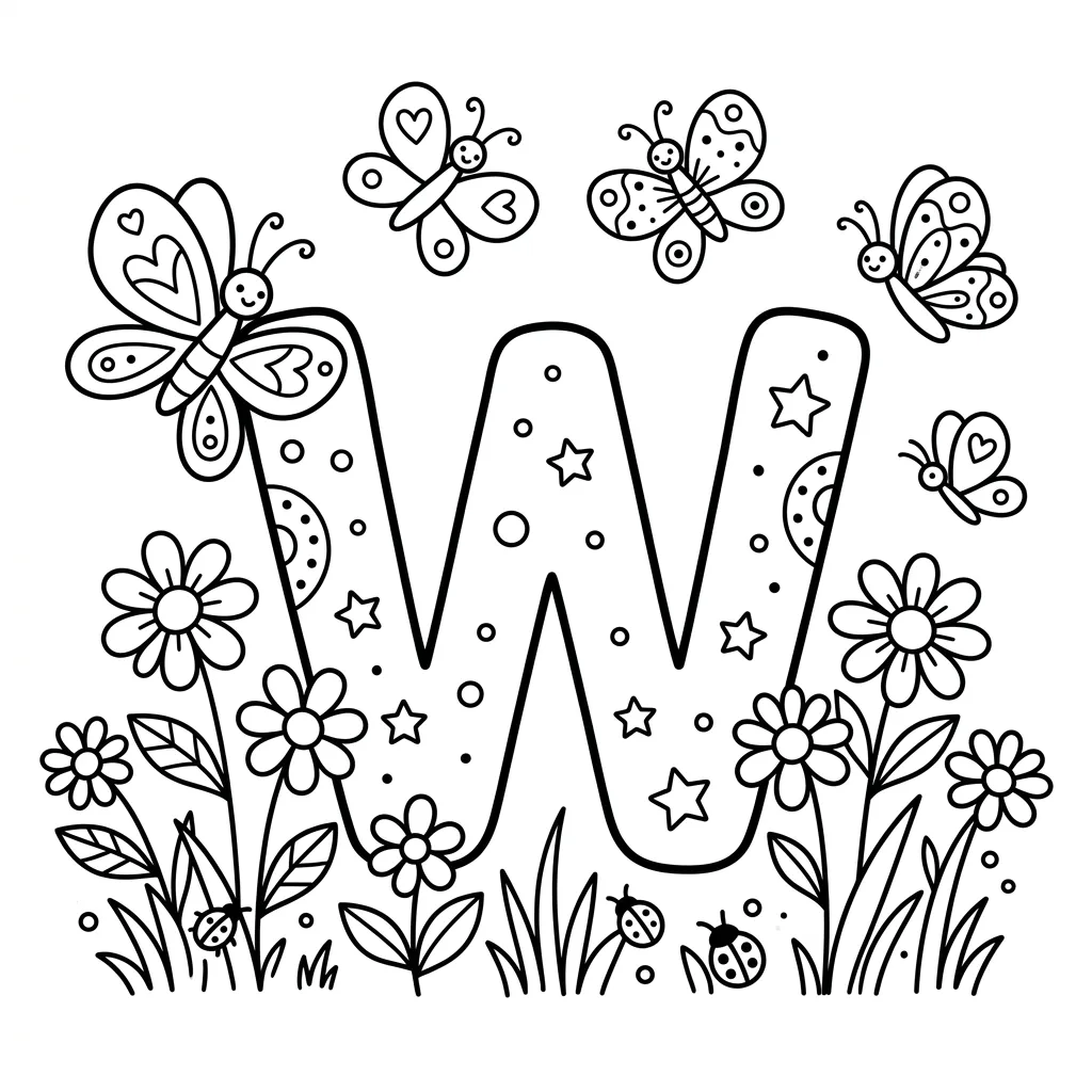 Letter W bloemen kleurplaat 5