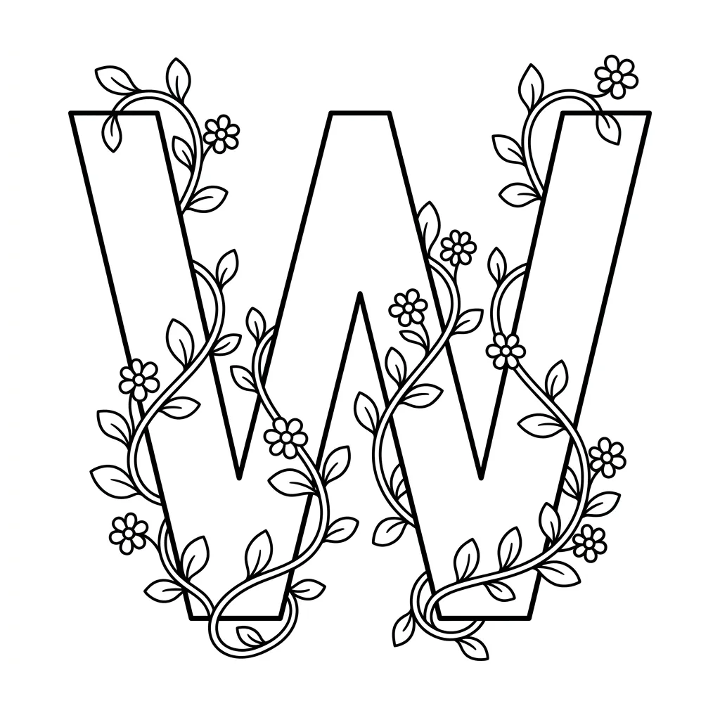 Letter W bloemen kleurplaat 6