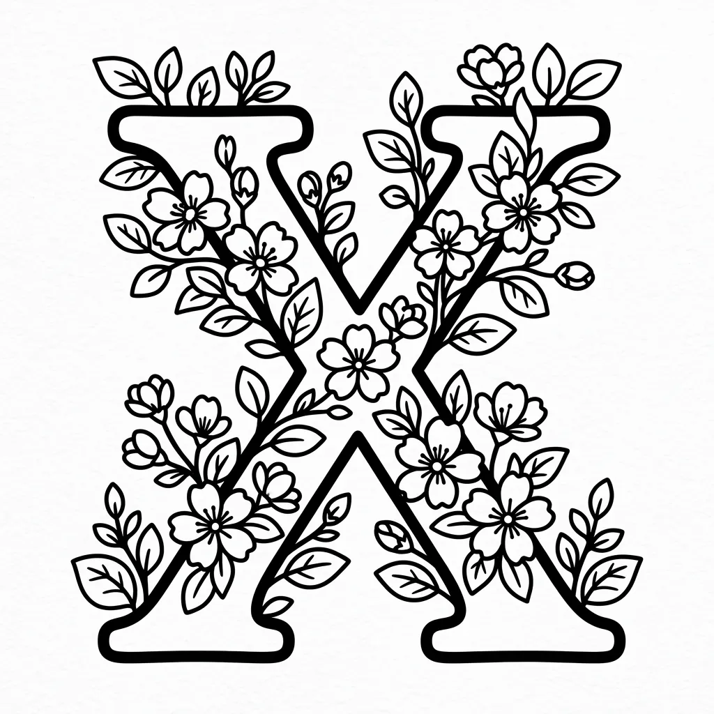 Letter X bloemen kleurplaat 1