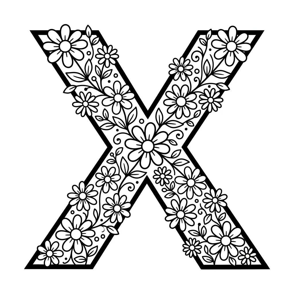 Letter X bloemen kleurplaat 3