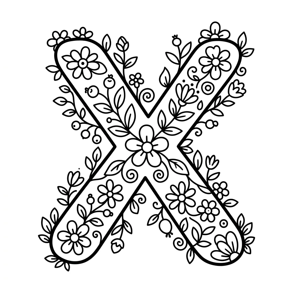 Letter X bloemen kleurplaat 7
