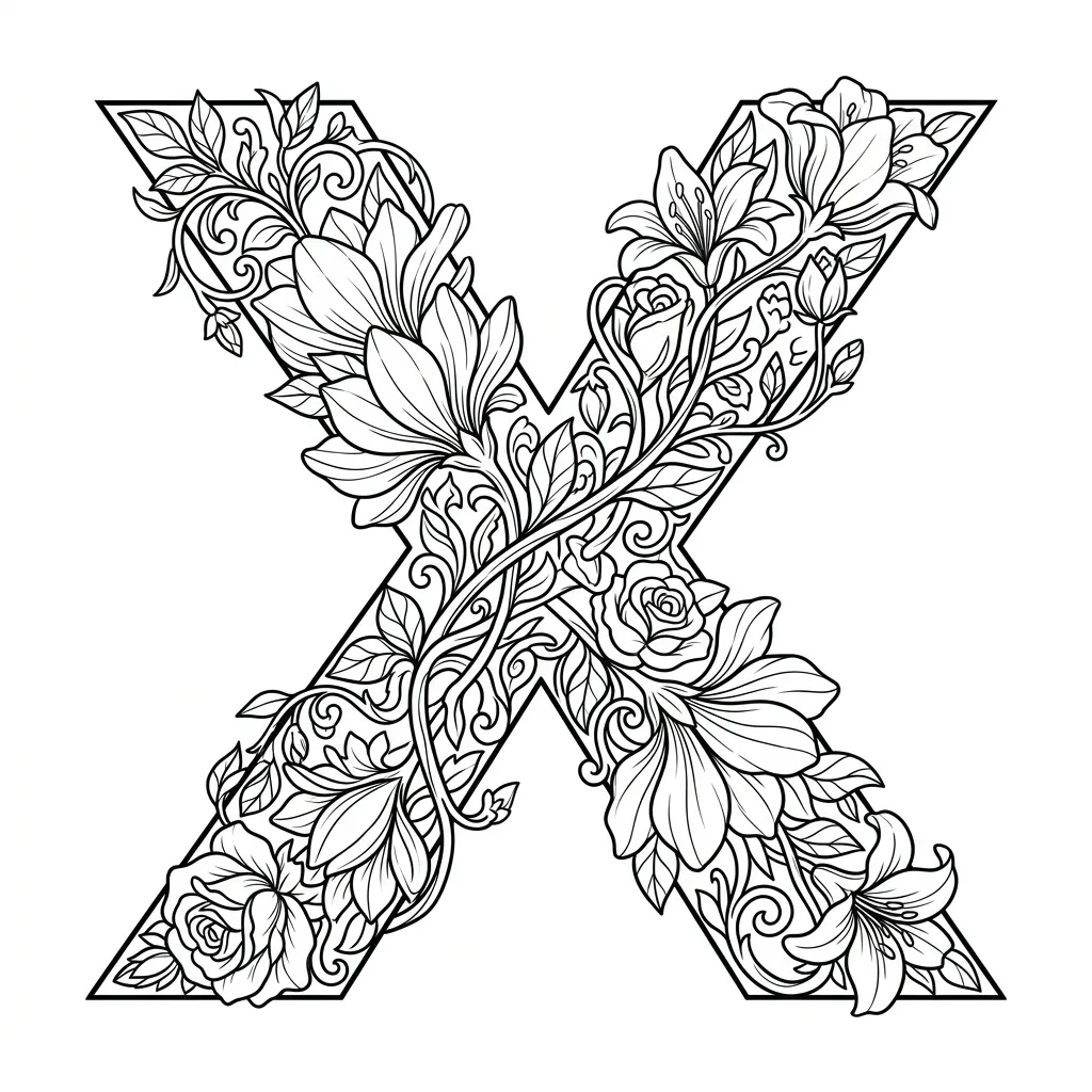 Letter X bloemen kleurplaat 8